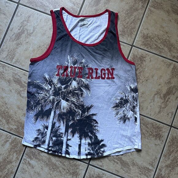 True Religion‎ Palm Trees Tank Top Sleeveless Shirt Men's Size Medium Scoop Neck - Picture 8 of 8